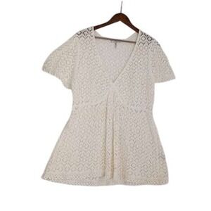 Metro 7 Womens XL White Crochet Knit Peplum V-Neck Top FFM7M-747 Short Sleeve